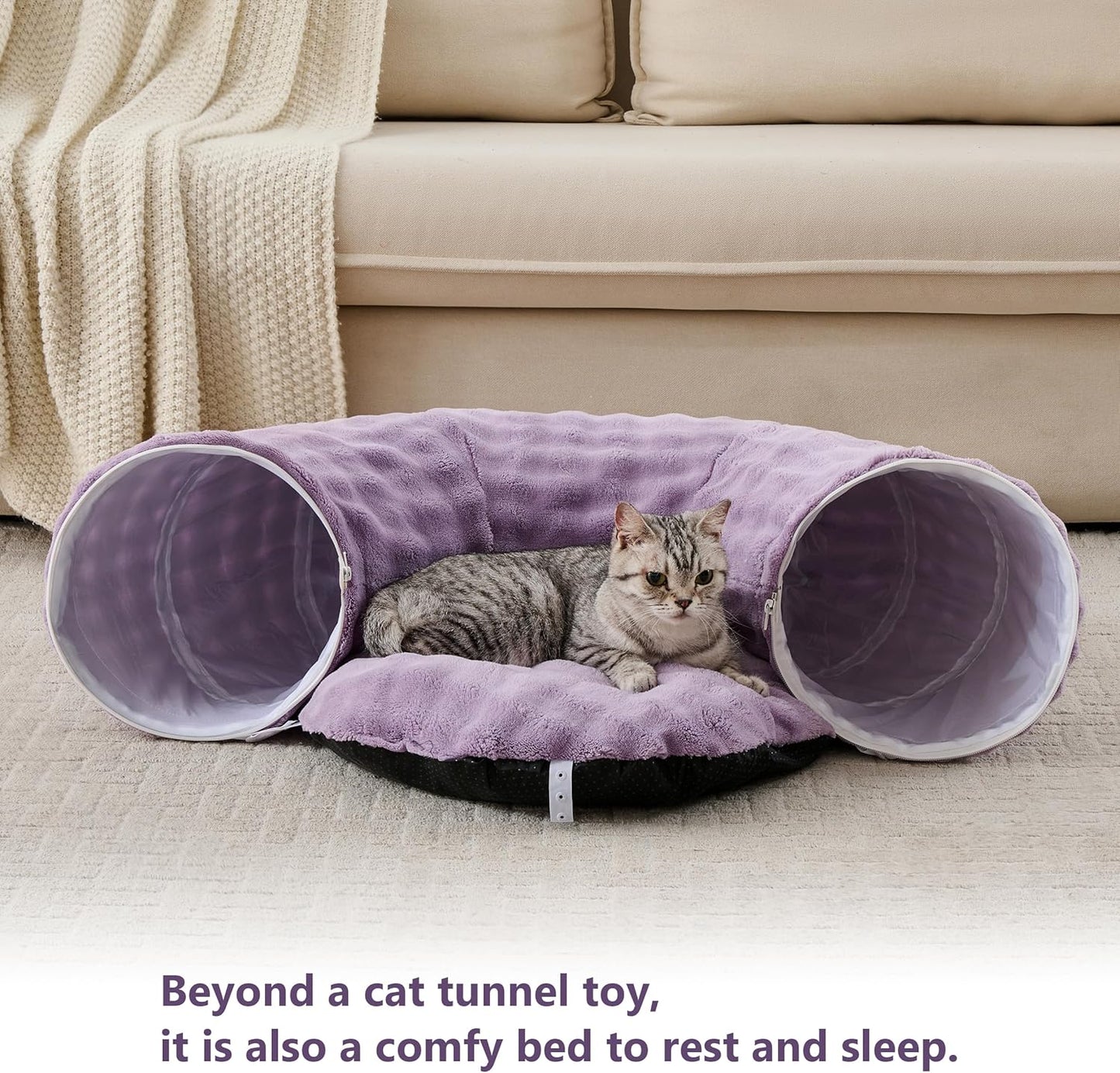 Bubble Cat Tunnel for Indoor Cats, Round Peekaboo Cave Toy with Dangling Balls, Donut Tunnel Bed with Circle Mat for Puppy Kitten Rabbit, Dusty Purple