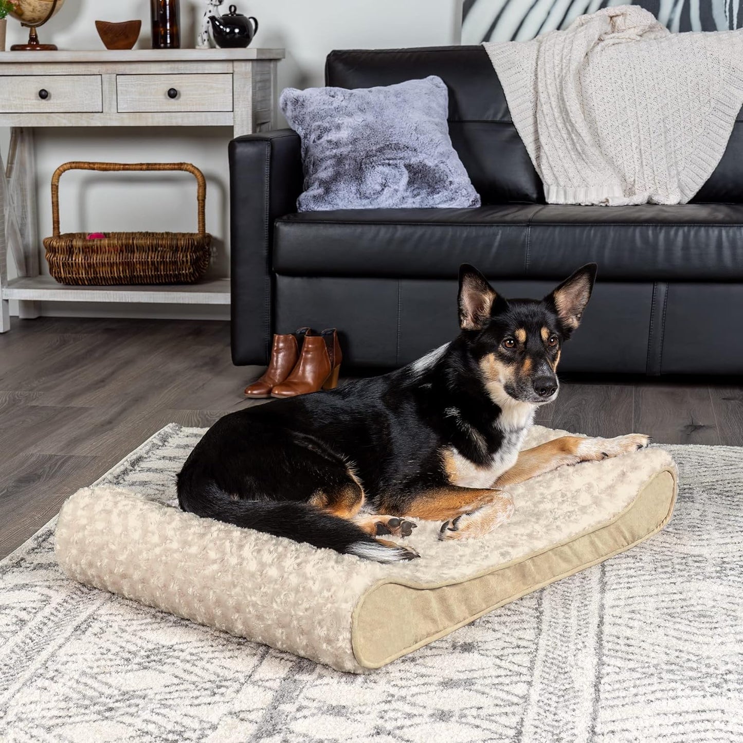 Furhaven Orthopedic Dog Bed for Large/Medium Dogs w/ Removable Washable Cover, For Dogs Up to 38 lbs - Ultra Plush Faux Fur & Suede Luxe Lounger Contour Mattress - Cream, Large