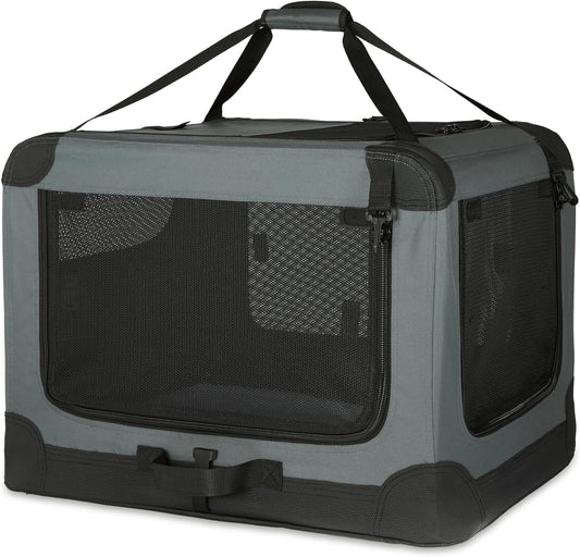 Amazon Basics 4-Doors Portable Soft-Sided Folding Travel Crate Kennel for cat, Dog, and Other Small Animals, Grey, L 36" x 24" x 24"