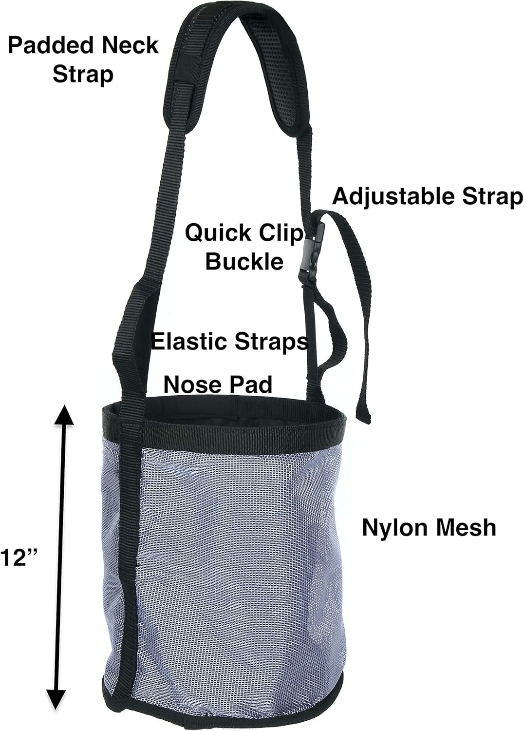 Majestic Ally Horse Feed Bag, Heavy Duty Nylon Mesh Grain Feed Bag, Adjustable Strap with Durable Snap and Elastic Straps, Comfort Neck Pad and Nose Pad- Large (Draft, Dark Gray)