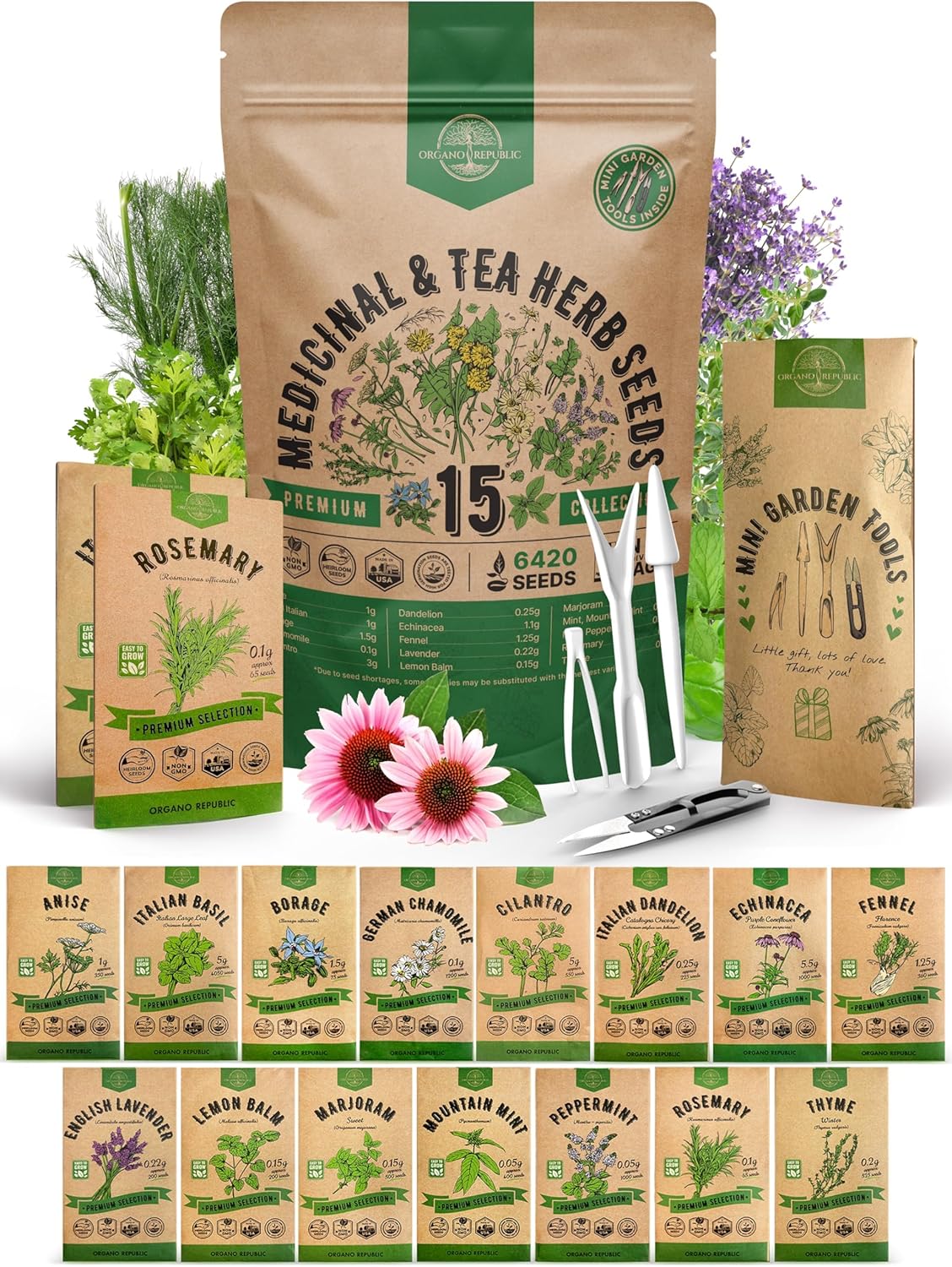 Organo Republic 15 Medicinal & Tea Herb Seeds Variety Pack 6,420+ Non-GMO Heirloom Garden Seeds for Indoor & Outdoors, Including Anise, Borage, Cilantro, Chamomile, Dandelion, Rosemary Seeds