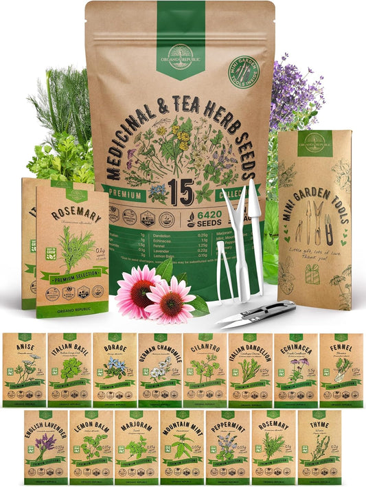 Organo Republic 15 Medicinal & Tea Herb Seeds Variety Pack 6,420+ Non-GMO Heirloom Garden Seeds for Indoor & Outdoors, Including Anise, Borage, Cilantro, Chamomile, Dandelion, Rosemary Seeds