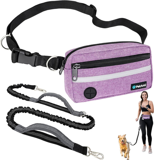 PetAmi Hands Free Dog Leash, Dog Running Leash Belt for Walking Jogging, Dog Waist Zipper Pouch Fanny Pack with Poop Bag Dispenser, Dual Padded Handle Bungee Leash for Small Medium Large Dogs, Single