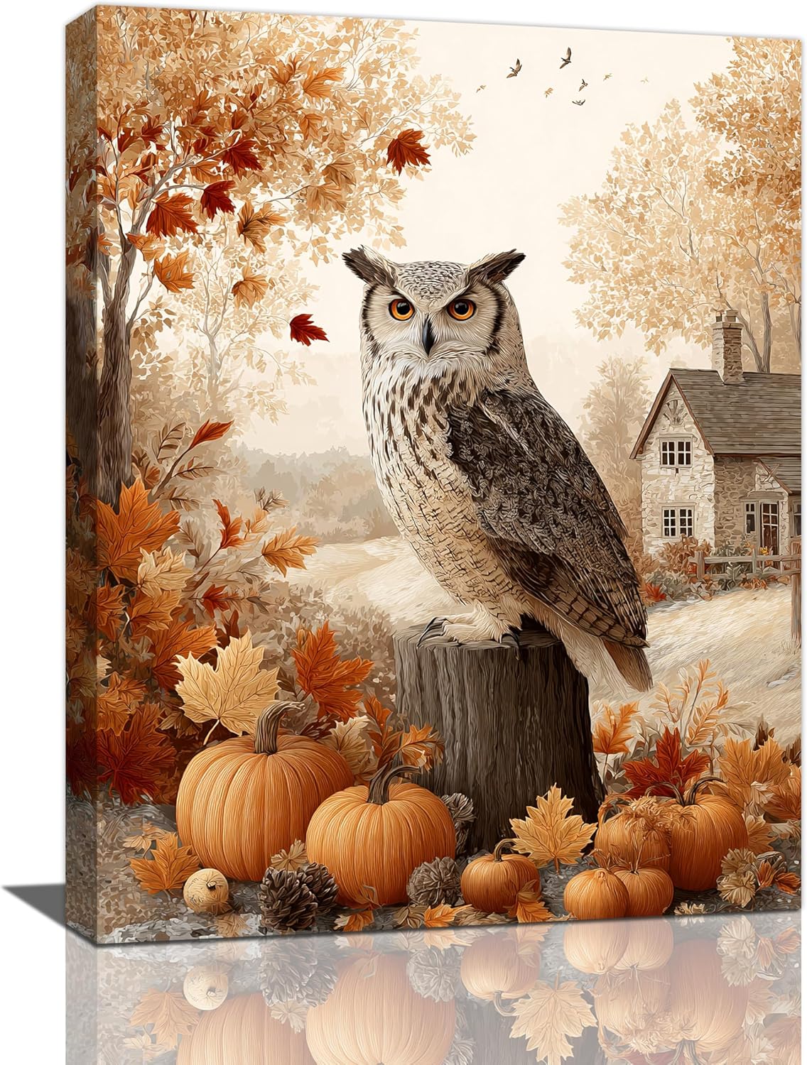 Fall Owl Wall Art Autumn Pumpkin Leaves Wall Decor Rustic Canvas Print Farmhouse Pictures Painting Print Framed Artwork Decorations Gifts for Living Room Bathroom Bedroom Office 12"x16"