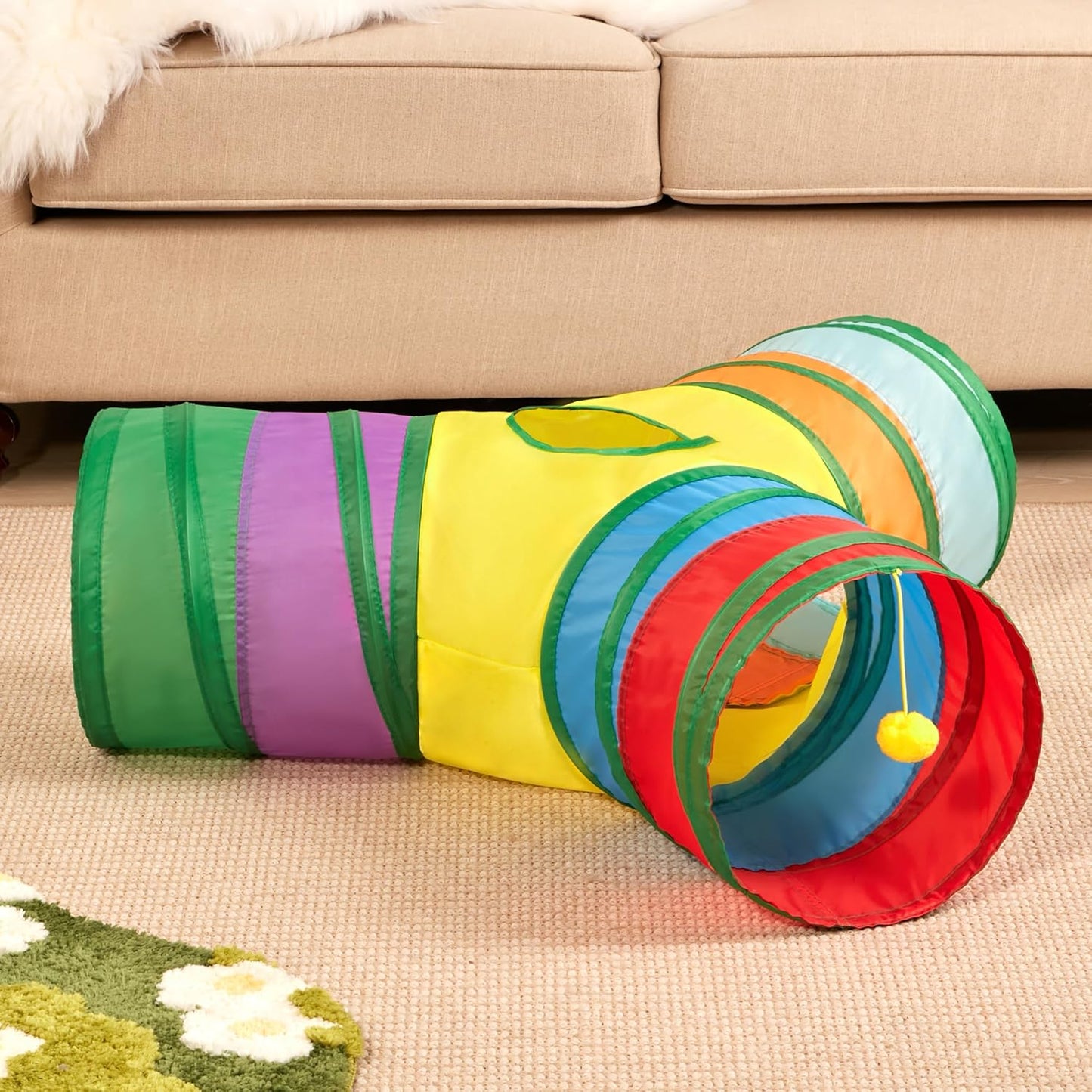 Tempcore Pet Cat Tunnel Tube Cat Toys 3 Way Collapsible, Cat Tunnels for Indoor Cats，Kitty Tunnel Bored Cat Pet Toys Peek Hole Toy Ball Cat, Puppy, Kitty, Kitten, Rabbit Rainbow