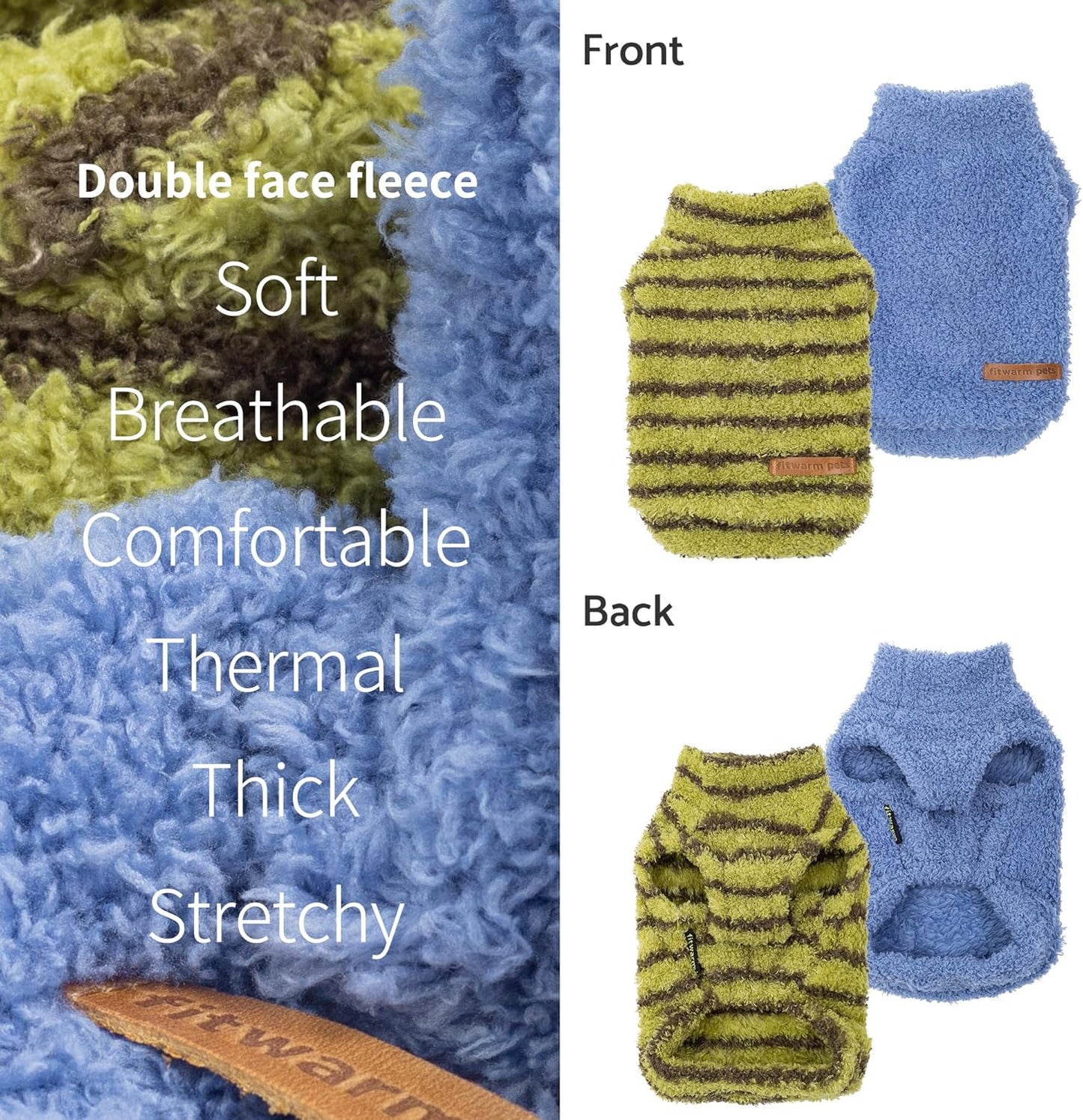 Fitwarm 2 Pack Striped Fleece Dog Sweater, Warm Winter Clothes for Small Dogs Boy Girl, Fuzzy Pet Outfit, Sky Blue, Olive Green, Medium