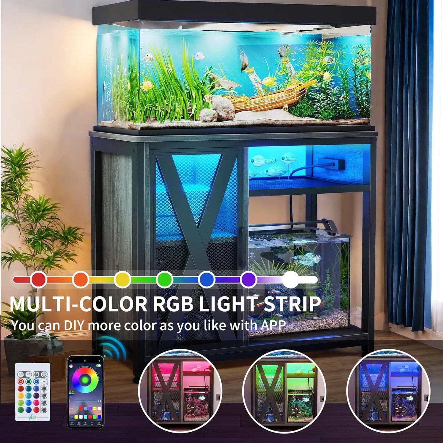 YITAHOME Fish Tank Stand with Power Outlets & LED Light, 40-50 Gallon Metal Aquarium Stand with Cabinet for Fish Tank Accessories Storage for Turtle Tank, Reptile Terrarium, 660LBS Capacity, Grey