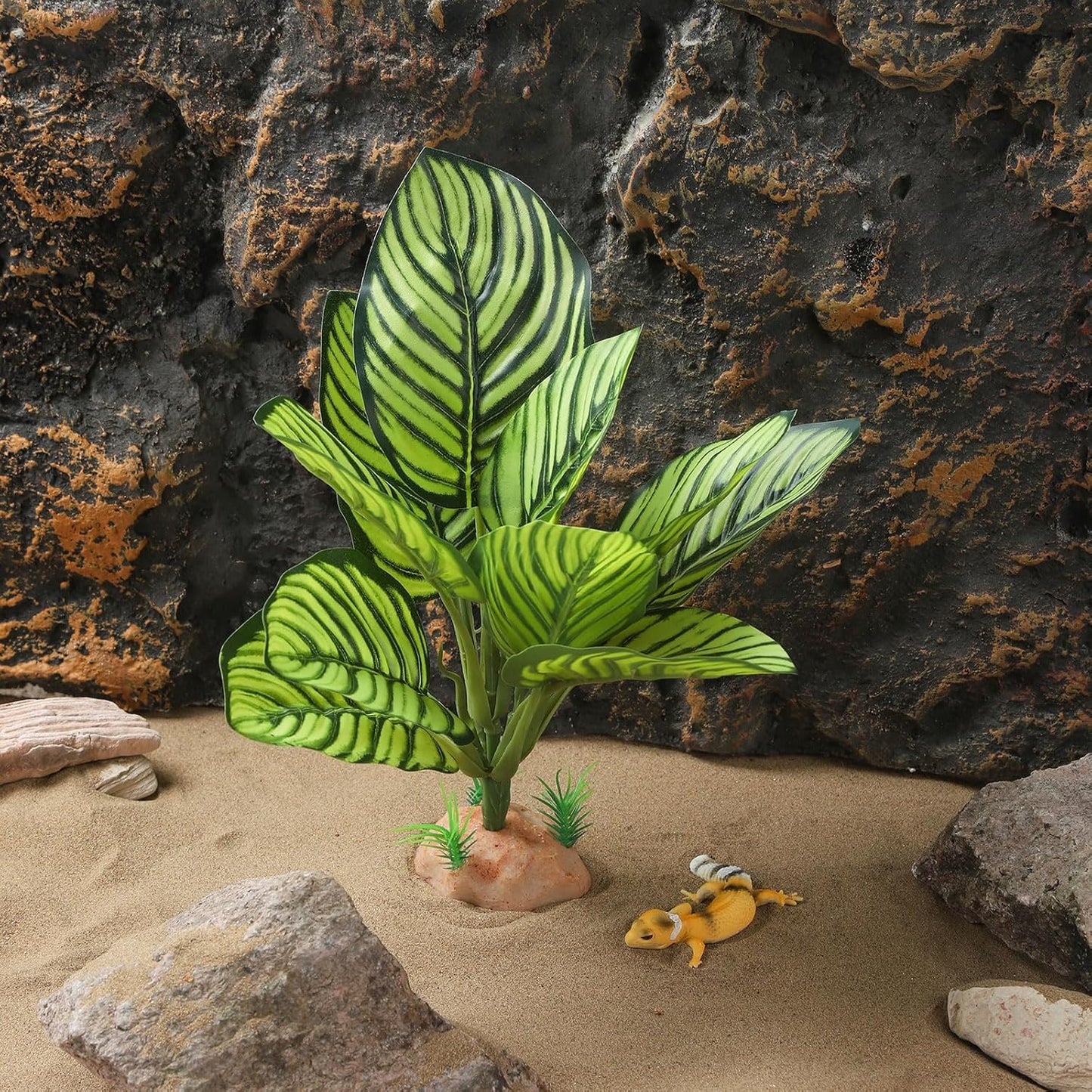 IBWell Reptile Terrarium Plants - Tortoise Habitat Accessories, Artificial Spider Plant for Gecko, Ball Python - Calathea Makoyana A
