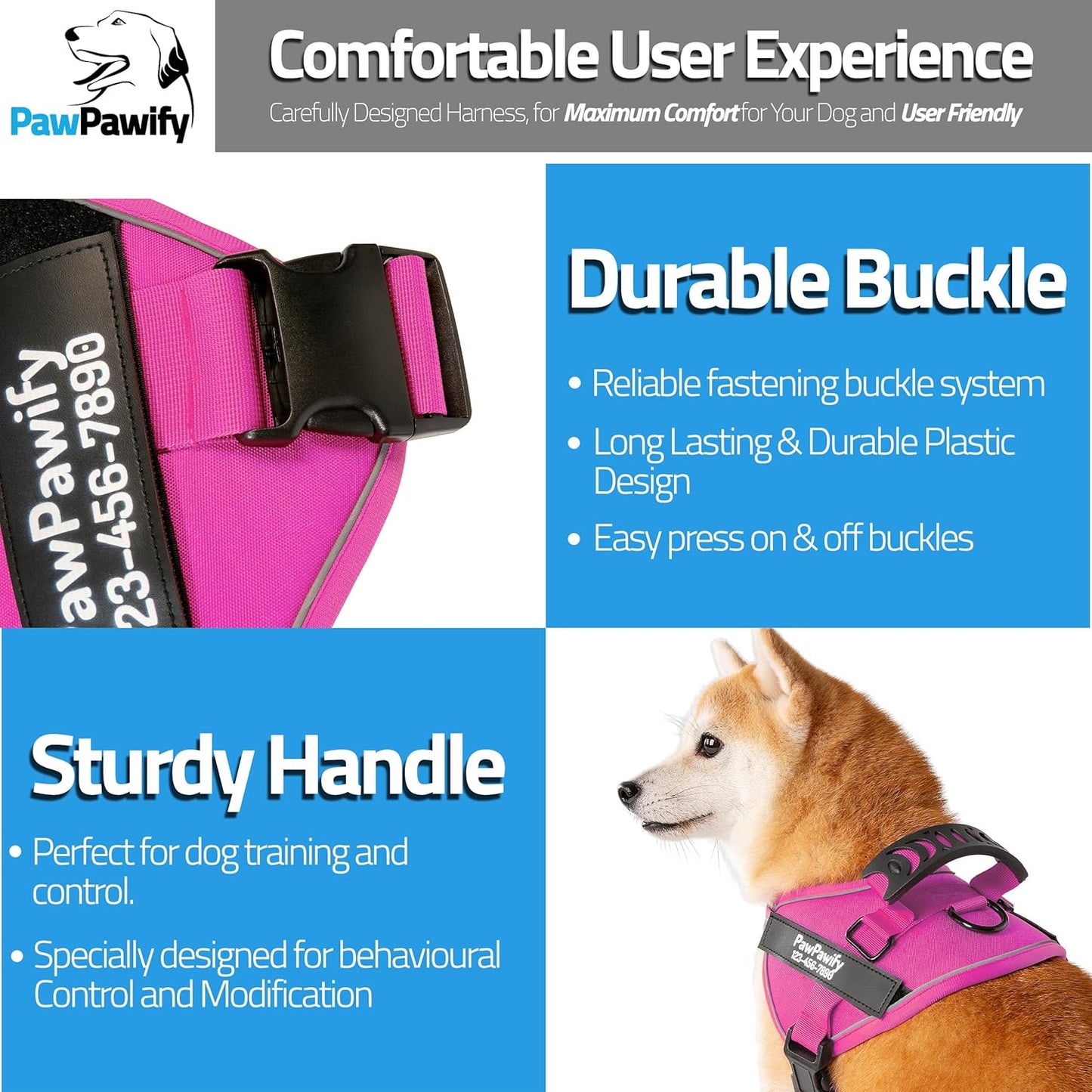 PawPawify Custom No Pull Dog Harness with Name and Phone Number, Heavy Duty Personalized Pet Vest to Prevent Tugging, Pulling, or Choking, Training and Walking (New Pink, XS (5-9LBS))