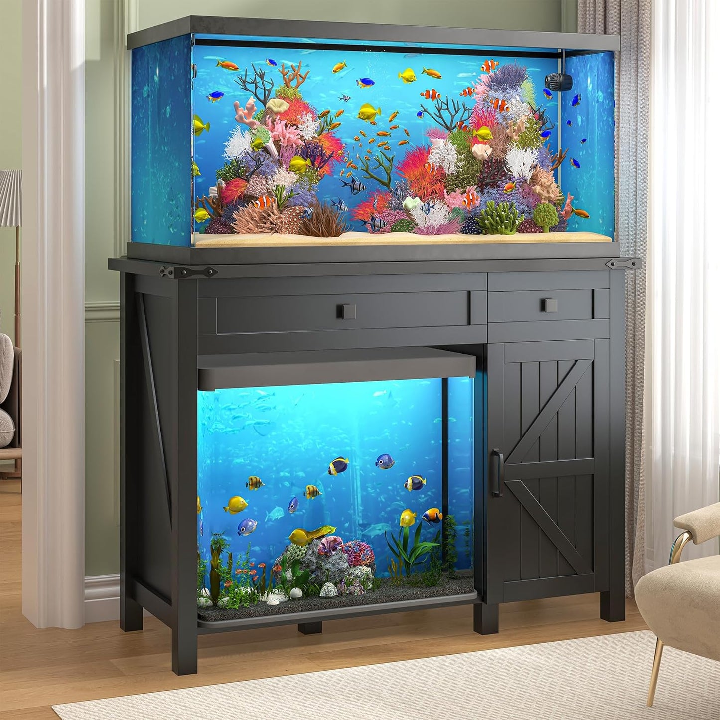 40 Gallon Aquarium Stand With Charging Station, Farmhouse Fish Tank Stand, Reptile Tank Stand Terrarium Stand with Drawer and Cabinet Storage, Sturdy Heavy Duty 41.9"×18.3" Tabletop - Black