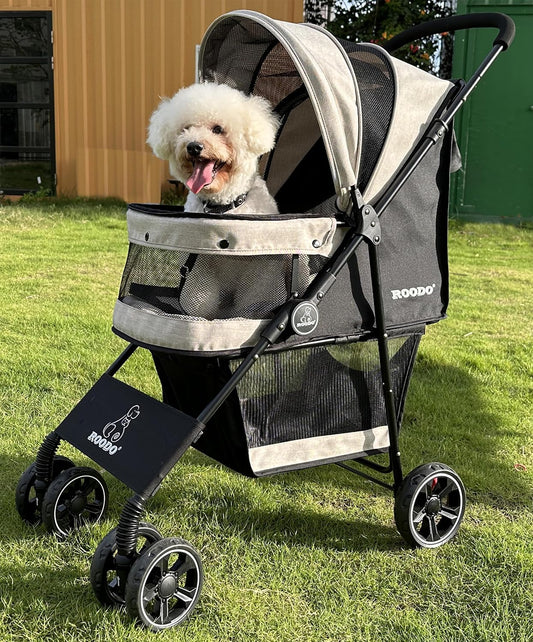 ROODO 4 Wheel Dog Cat Pet Stroller Best Lightweight Foldable Compact Portable Jogger All Terrain Travel Pet Gear Puppy Doggie Bunny Kitty Stroller for up to 30lbs Medium Small Dogs Cats(Light Khaki)