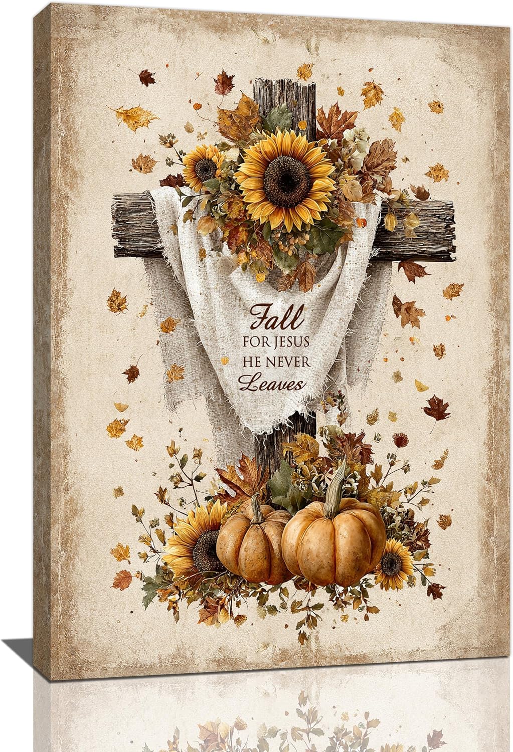 Christian Fall Wall Art Autumn Rustic Cross Sunflower Pumpkin Wall Decor Fall for Jesus He Never Leaves Pictures Painting Print Framed Artwork Decorations Gifts for Living Room Bedroom Prayer Room Office 16"x24"