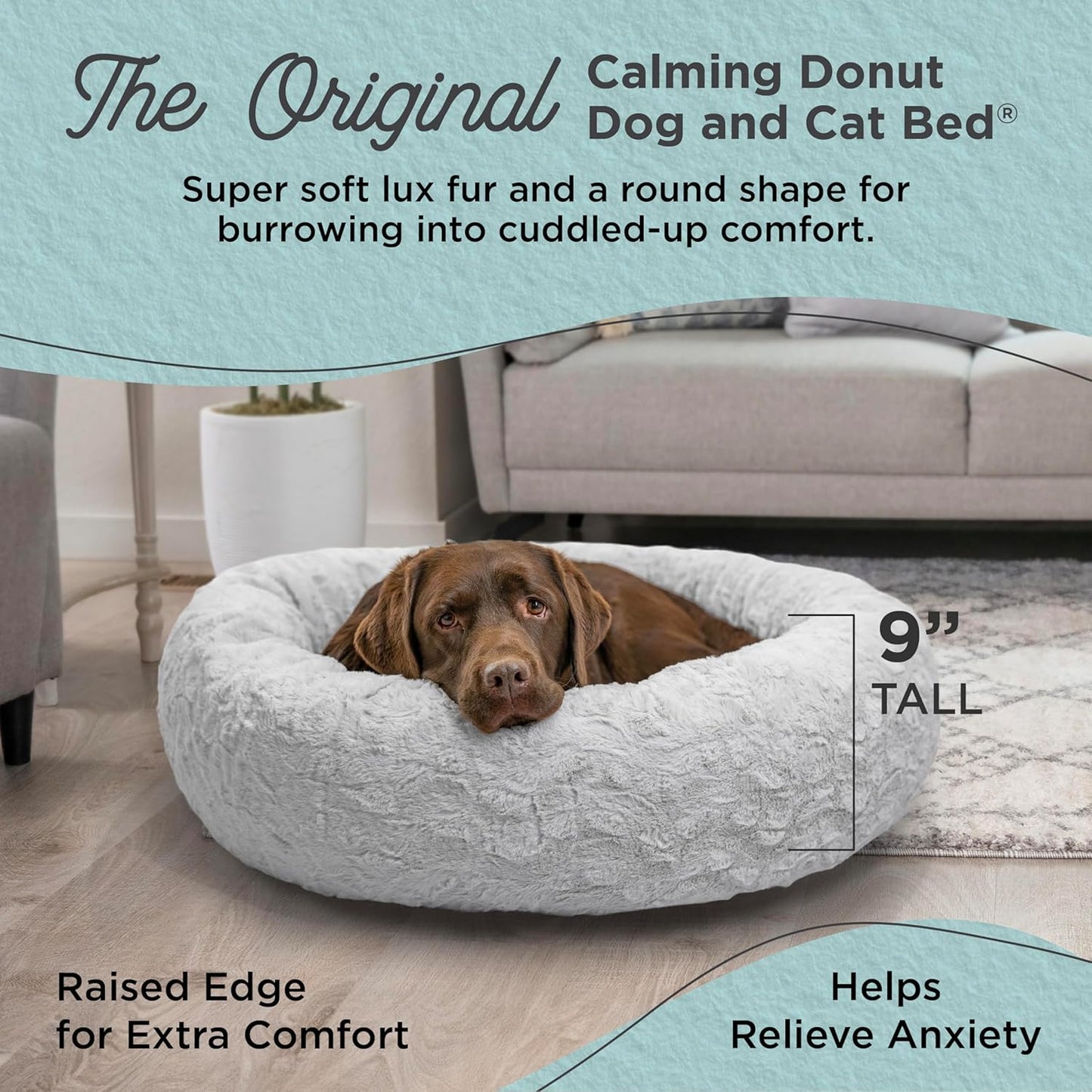 Best Friends by Sheri Original Calming Donut Dog and Cat Bed, Lux Faux Fur, Gray, (36in x 36in) - Anxiety Relief for Pets Up to 100 lbs