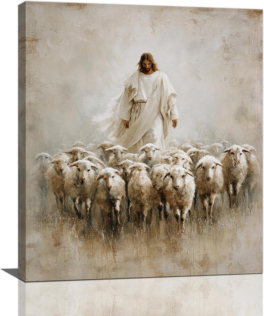 Jesus and Lamb Wall Art Christian Jesus Lamb Canvas Wall Decor Christ Religious Pictures painting Print Framed Artwork Decorations Gifts for Living Room Bedroom Prayer Room Church 24"x20"
