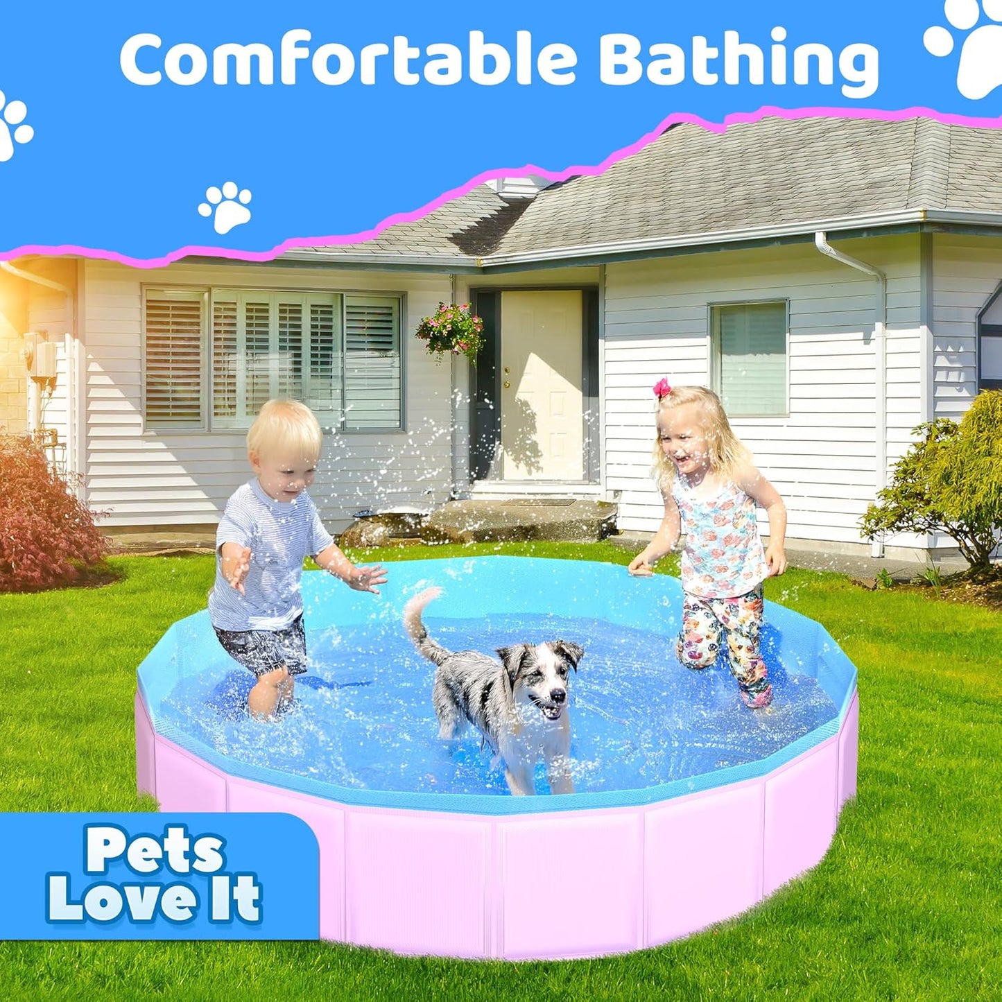 2025 Updated Foldable Dog Pool, 39.5" x 12" Kiddie Pool with Hard Plastic, Non-Slip Dog Bath Tub for Outdoor Backyard, Collapsible Dog Swimming Pool for Kids Dogs Pets (Pink)