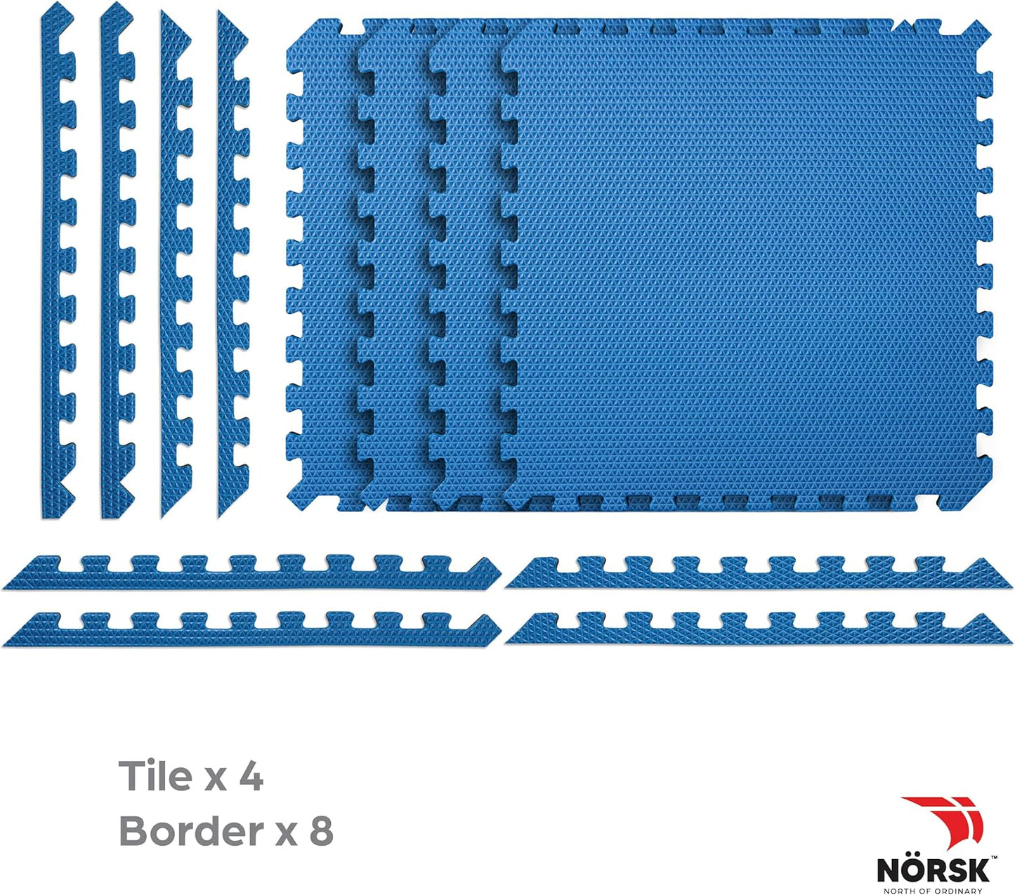 Norsk Reversible Gym Exercise Mats 3/4" Thick EVA Interlocking Foam Tiles, Perfect Home Gym Flooring, 32 Tiles & 64 Trim Pieces, 128 Sq. Ft. Reversible, Dazzling Blue/Black