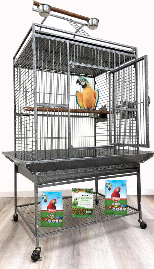 Extra Large Elegant and Durable Wrought Iron Climbing Ladder Perch Stand Play Top Ground Bird Parrot Metal Cage Around Seed Guard Storage Shelf with Heavy Duty Lockable Rolling Wheels