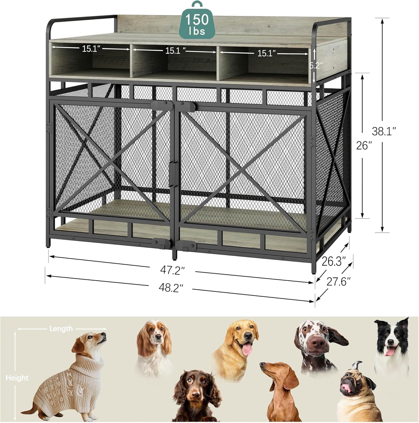 Dog Crate Furniture, 48" Heavy Duty Wooden Dog Crate End Table, XL Dog Kennel Furniture Large Breed, Decorative Dog Kennel Indoor with 3 Drawers & Steel Tubes 48" L x28 W x38 H (Grey)