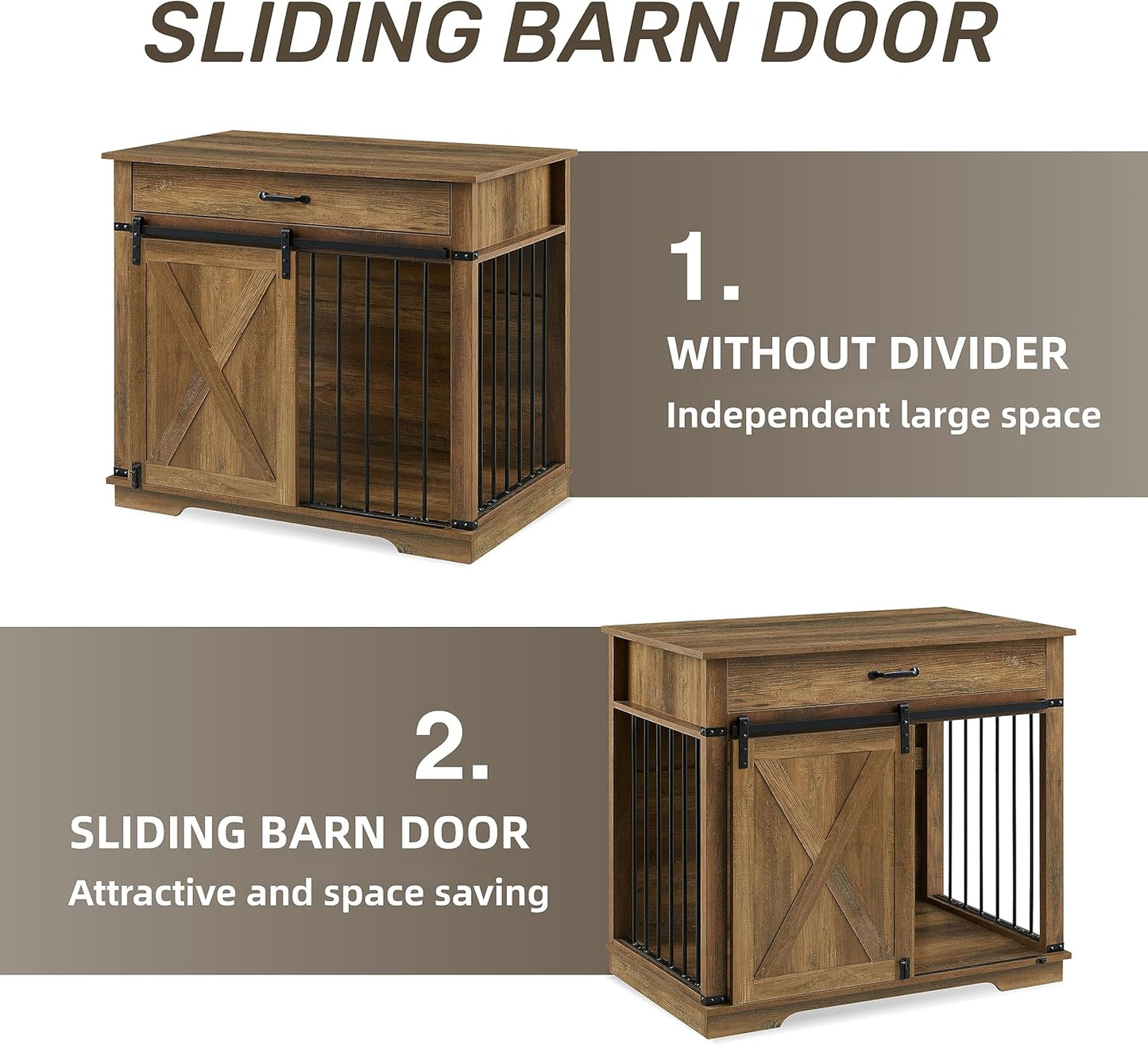 EDYO LIVING 38" Large Dog Crate Furniture with Sliding Barn Door, Wooden Dog Kennel with Drawer for Storage, Water Resistant Indoor Furniture Style Dog Crate for Small/Medium/Large Dog, Rustic Oak