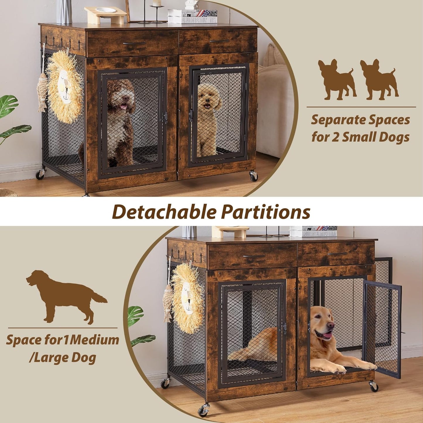 43" Large Dog Crate Furniture, Wood Dog Kennel End Table with Drawers, Decorative Pet Crate with Removable Partitions & Wheels, Dog House Indoor for Large/Medium/Small Dogs