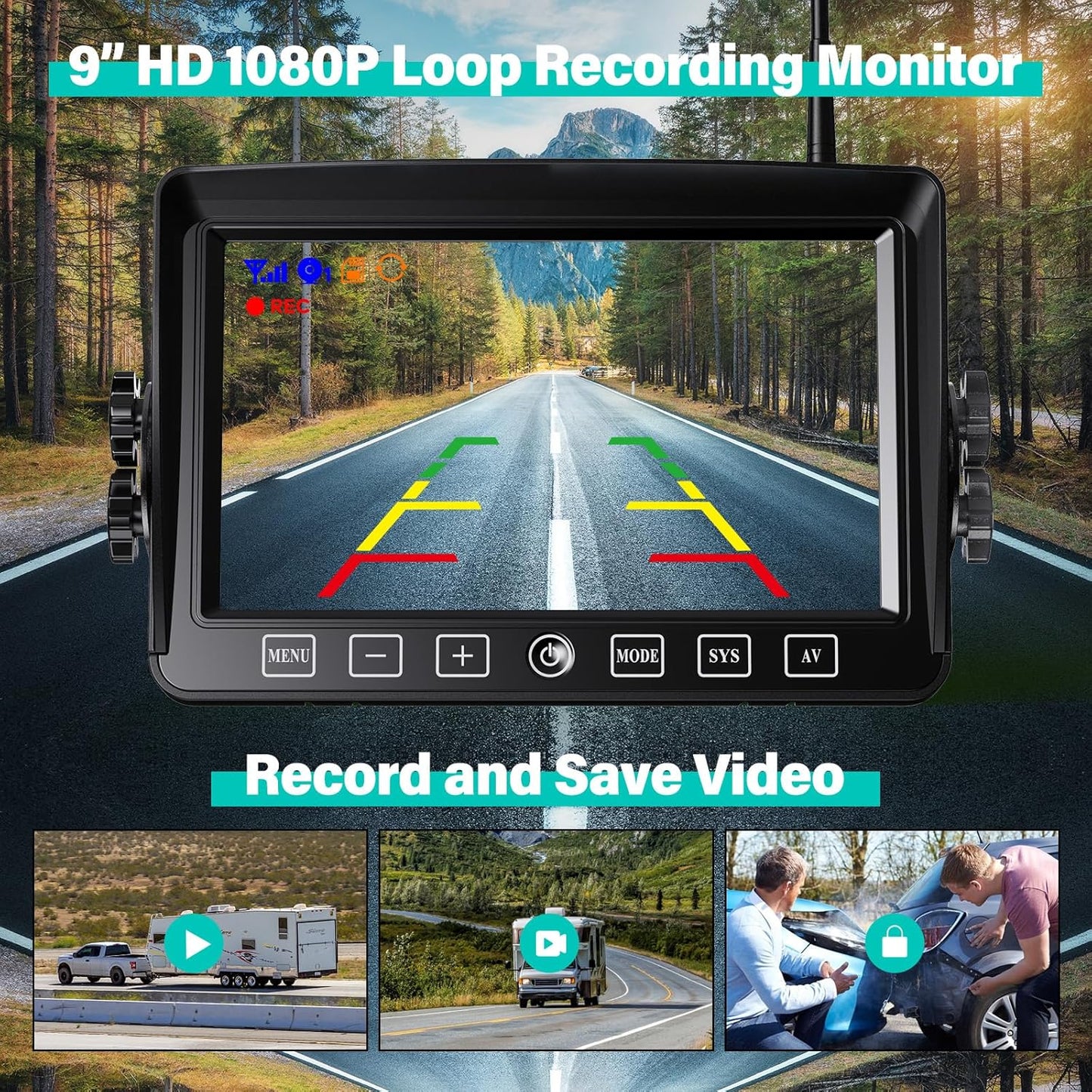 Wireless Backup Camera, 9 Inch HD 1080P Loop Recording Monitor with 2 Rear View Camera System for Cars, Trucks, RV, Trailers, IP69K Waterproof 152° View Camera, Stable Wireless Signal (W902)
