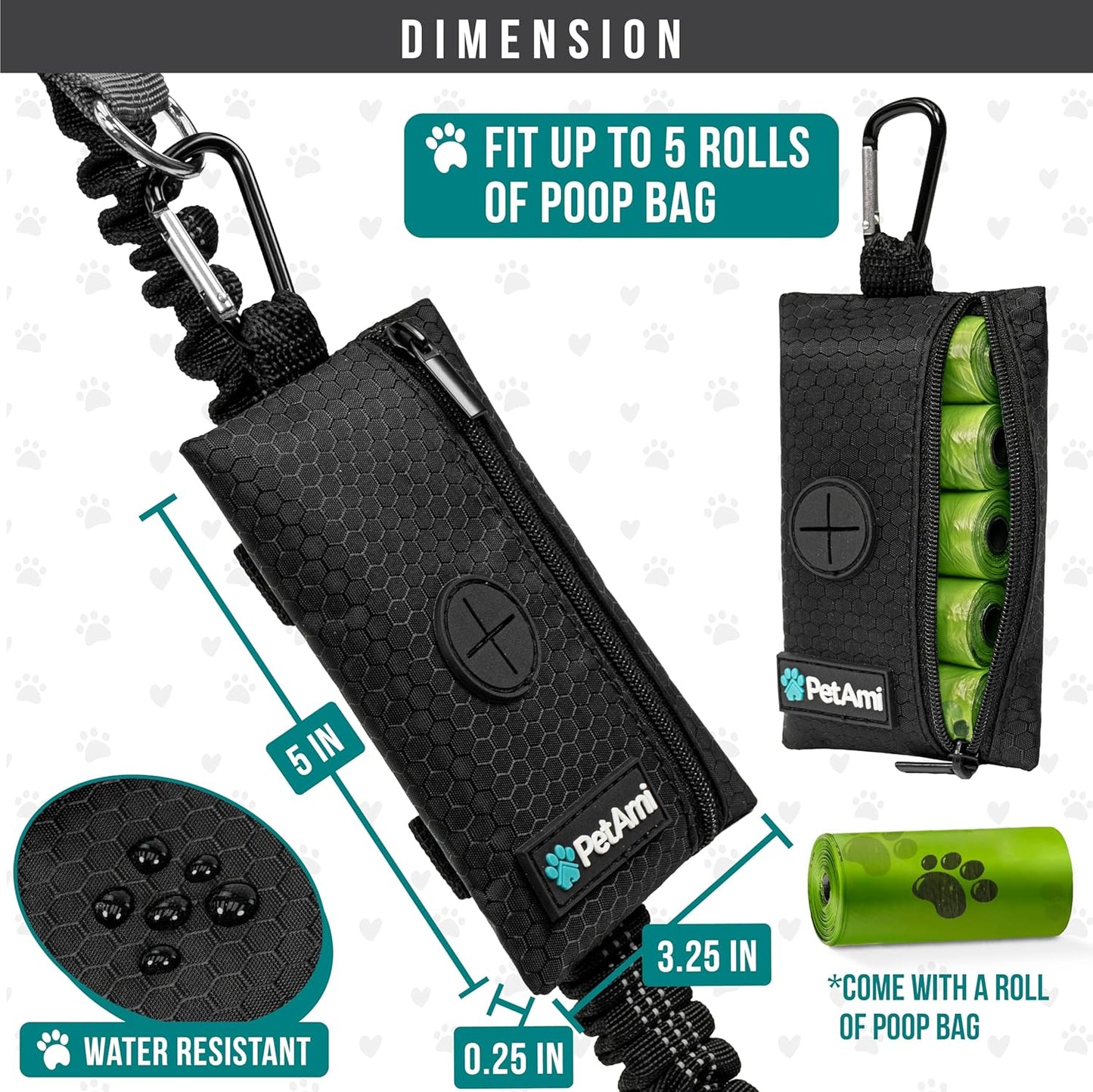 PetAmi Dog Poop Bag Holder for Leash, Dog Poop Bag Dispenser with Clip, Dog Waste Bag Holder for Pet, Dog Treat Pouch, Doggy Walking Camping Accessories with Trash Bag Roll, Black 1 Pack