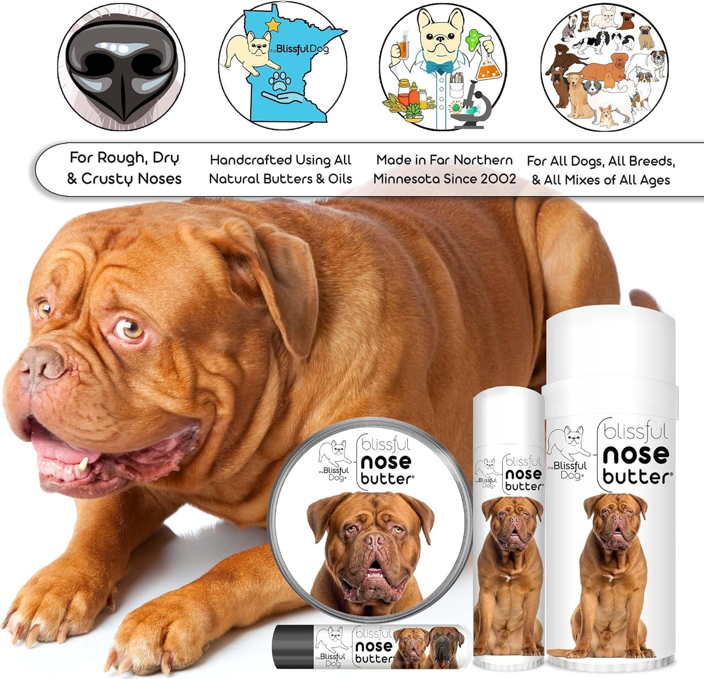The Blissful Dog Dogue De Bordeaux Nose Butter, Versatile Dog Nose Balm for Dry Nose, Handcrafted Nose Moisturizer, Easy-to-Apply Dog Essentials, Unscented, 8 oz.