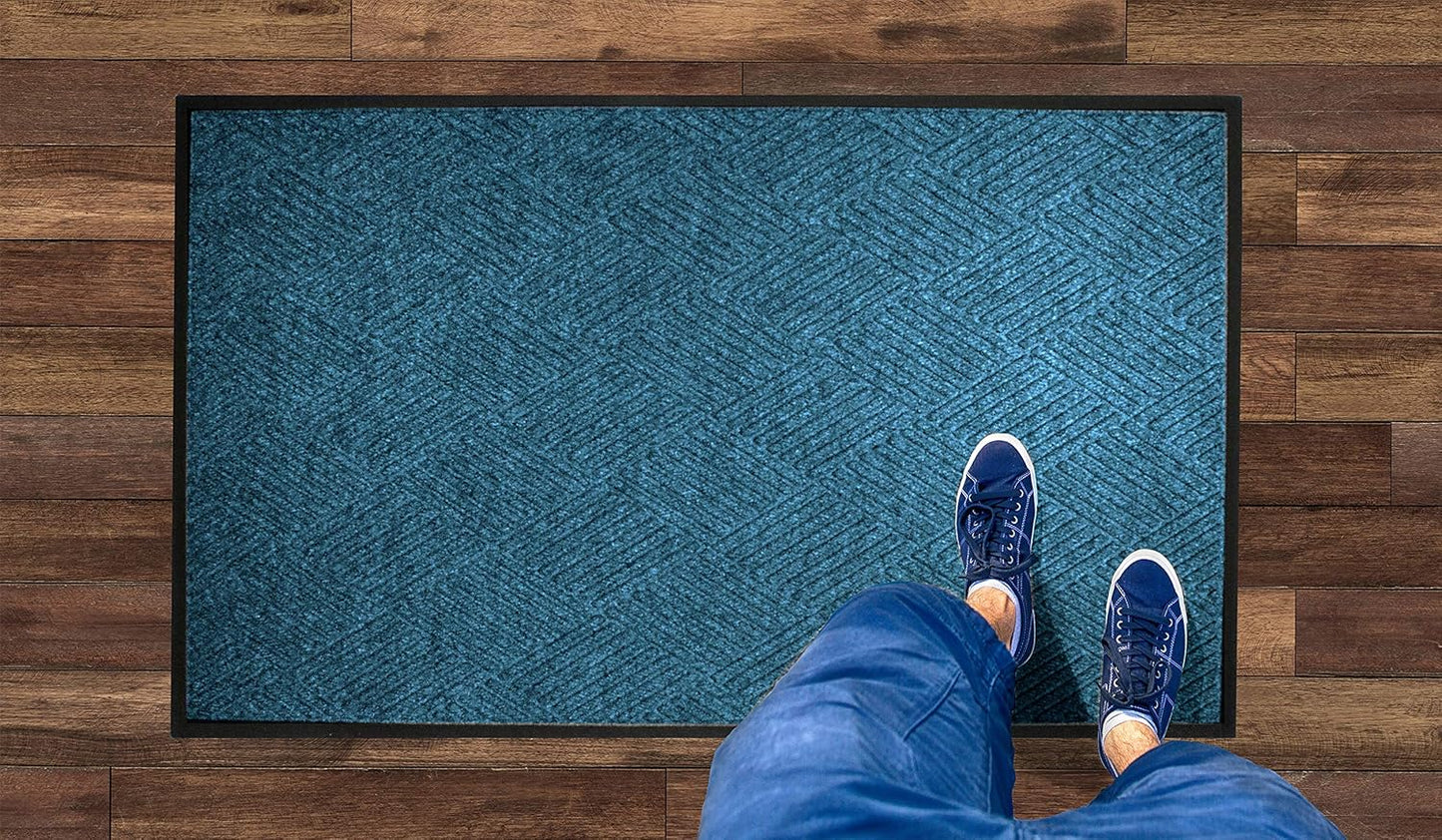 WaterHog Diamond | Commercial-Grade Entrance Mat with Rubber Border – Indoor/Outdoor, Quick Drying, Stain Resistant Door Mat (Medium Blue, 3' x 12')
