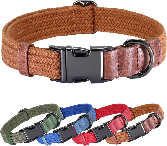 PET ARTIST Soft Cotton Dog Collars for Large Dogs in Rustic Brown, Simple Dog Collar with Quick Release Metal Buckle & D Ring, L Size (15-23")
