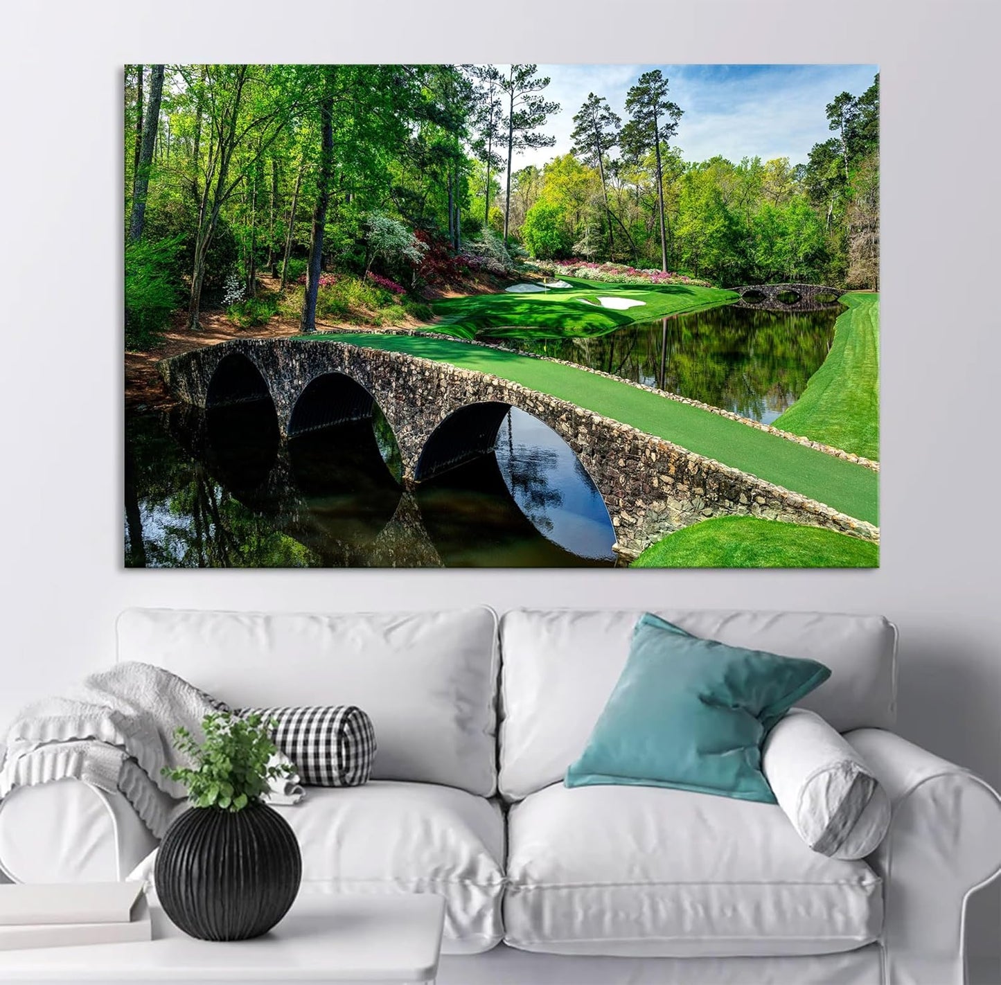 Nature Wall Art Prints - Ocean Forest Mountain Lake Canvas Landscapes - Small to Extra Large Living Room Bedroom Kitchen Bathroom Décor (Golf Course with Stone Bridge, 28L" x 41W")