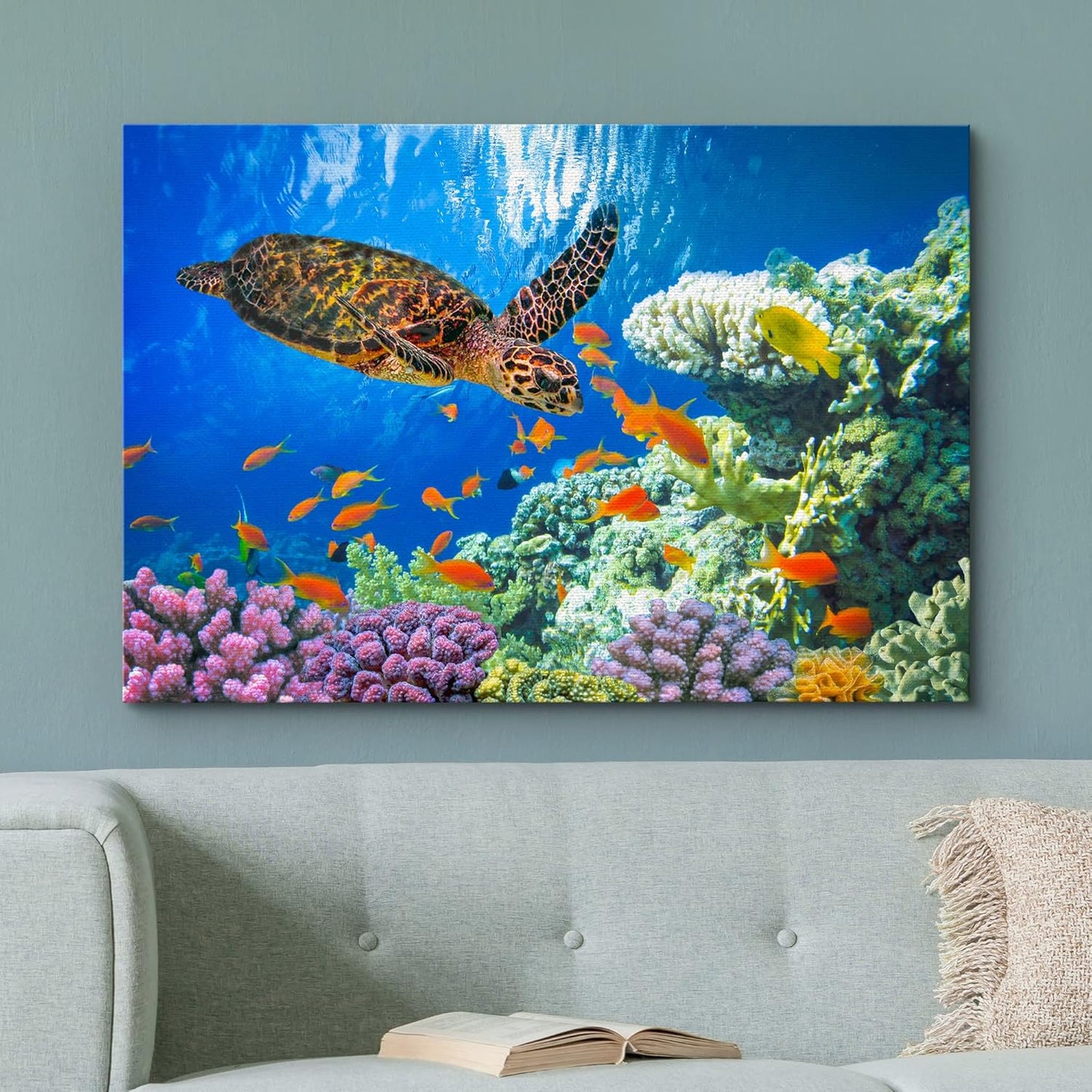 wall26 Canvas Print Wall Art Vibrant Neon Underwater Turtle, Reef & Fish Nature Animals Photography Realism Rustic Scenic Landscape Wilderness Colorful for Living Room, Bedroom, Office - 24"x36"
