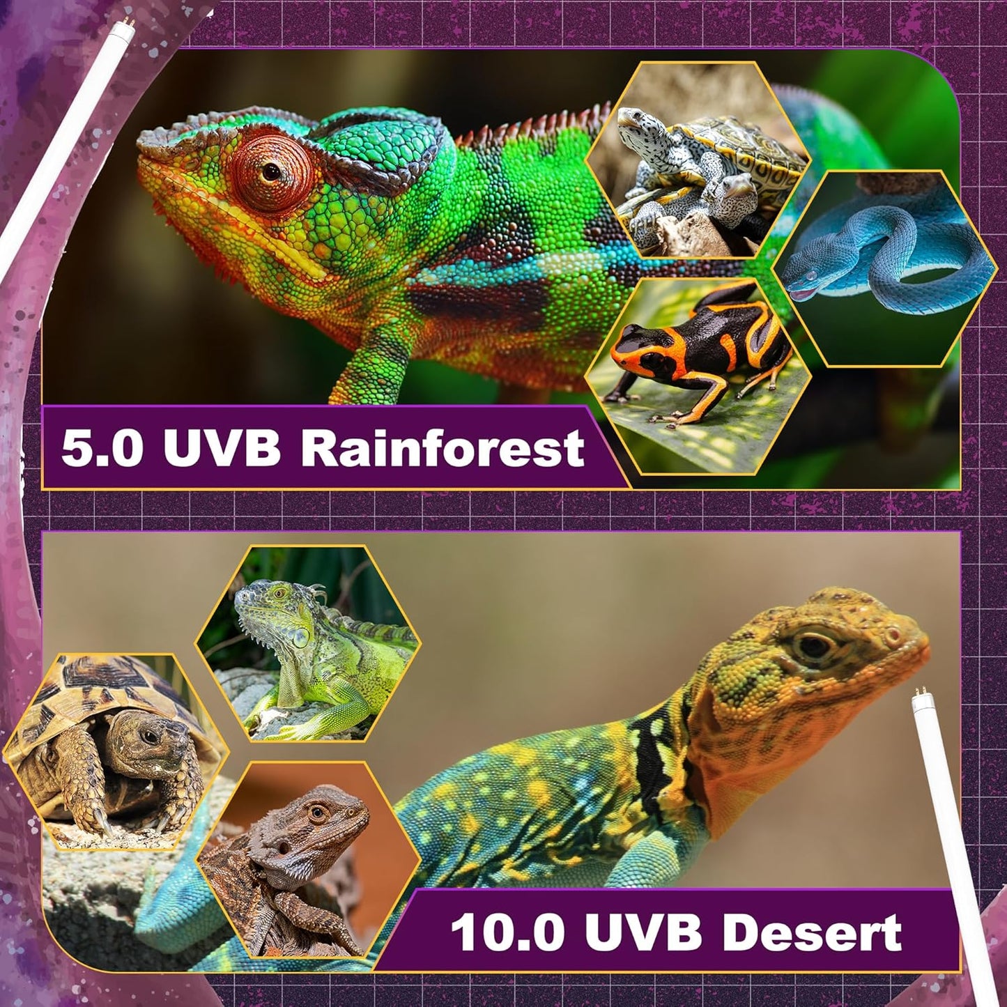 5.0 UVB Light for Reptiles, T5 HO 39 Watt Reptile Lamp Tube, Pack of 2 Fluorescent UVB Bulb, Basking Light for Bearded Dragon, Simulate Natural Sunlight for Reptiles and Amphibians