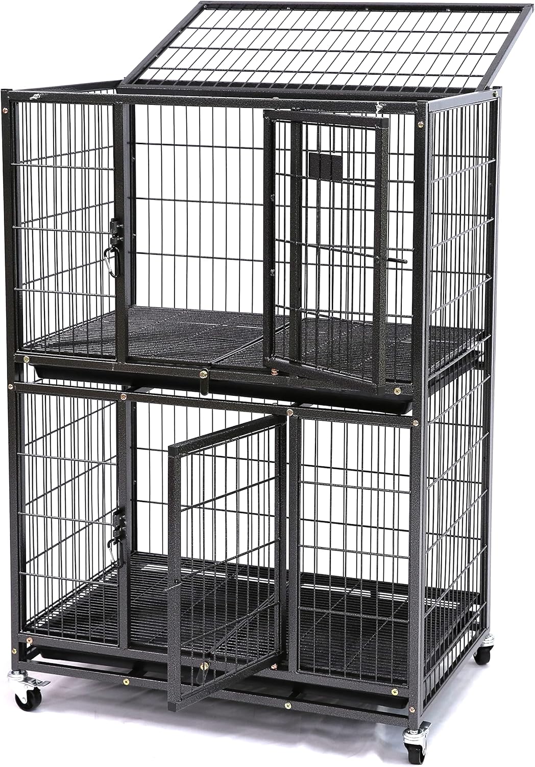 Homey Pet 31 Inch Stackable Heavy Duty Dog Crate Cage Kennel with Four Lockable Wheels, Removable Tray, Escape Proof Wire Drop Dog Crates for Small Dogs (Two Tiers)