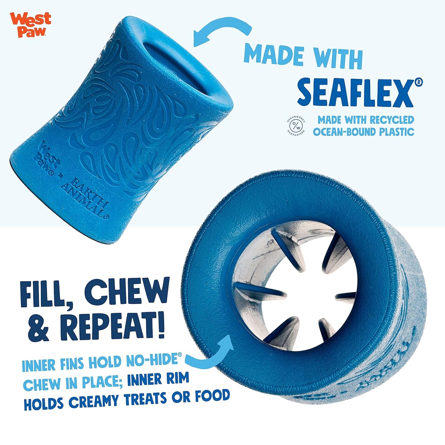 WEST PAW Funnl Dog Chew Toy - Interactive Treat Toys for Dogs - Toy Fillable with Earth Animal No-Hide Chews - Large 4.25" Marine | Made in USA