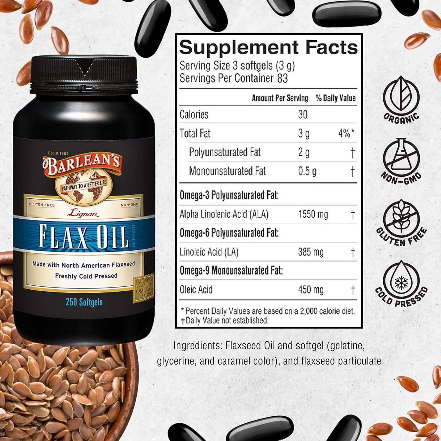 Barlean's Lignan Flaxseed Oil Softgels, Cold-Pressed Flax Seed Supplement with 1,550 mg ALA Omega-3 Fatty Acids for Joint & Heart Health, 1000mg, 250 ct