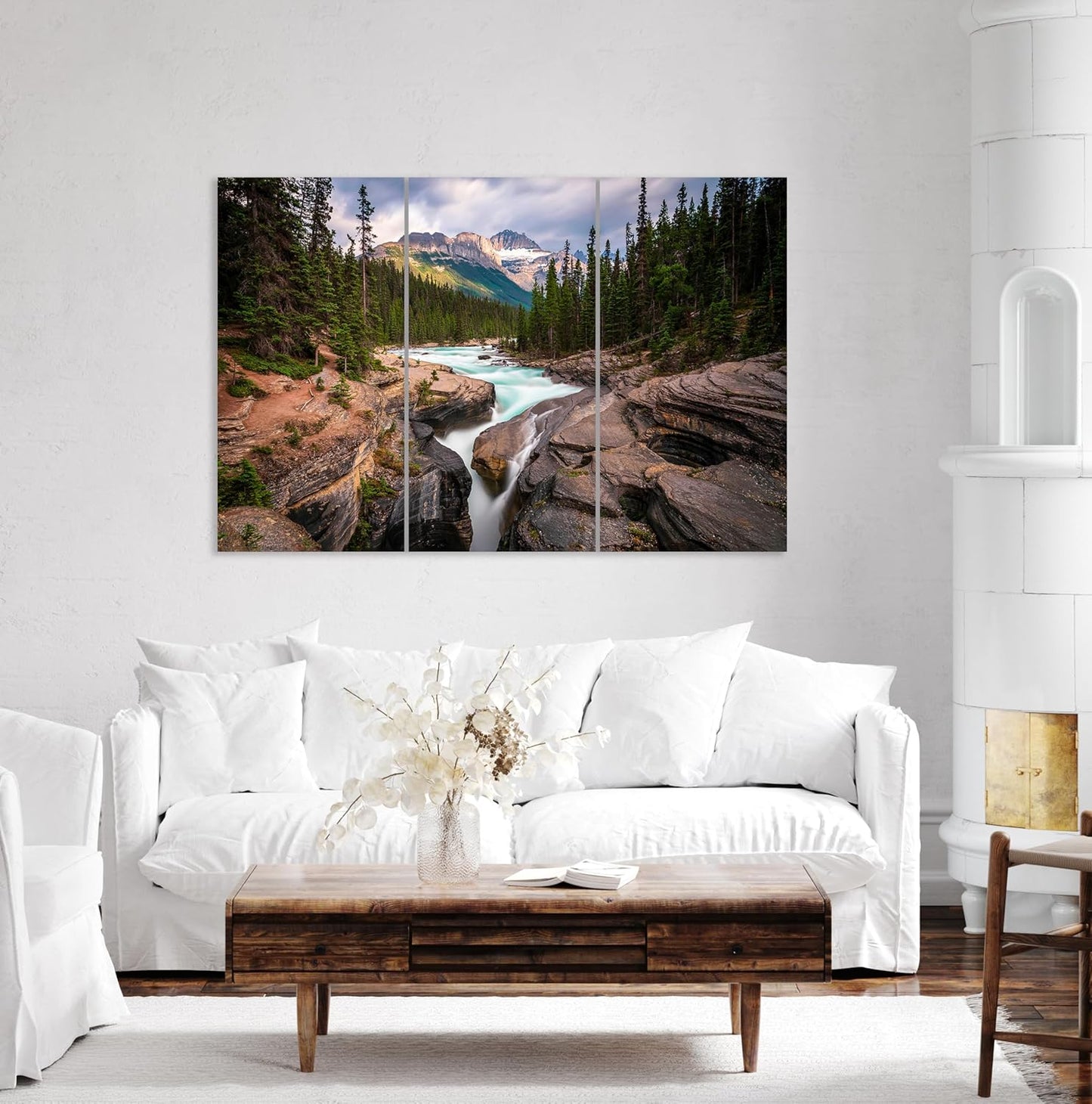 Nature Wall Art Prints - Ocean Forest Mountain Lake Canvas Landscapes - Small to Extra Large Living Room Bedroom Kitchen Bathroom Décor (Mountain River Waterfall, 31L" x 47W" - 3 Panels)