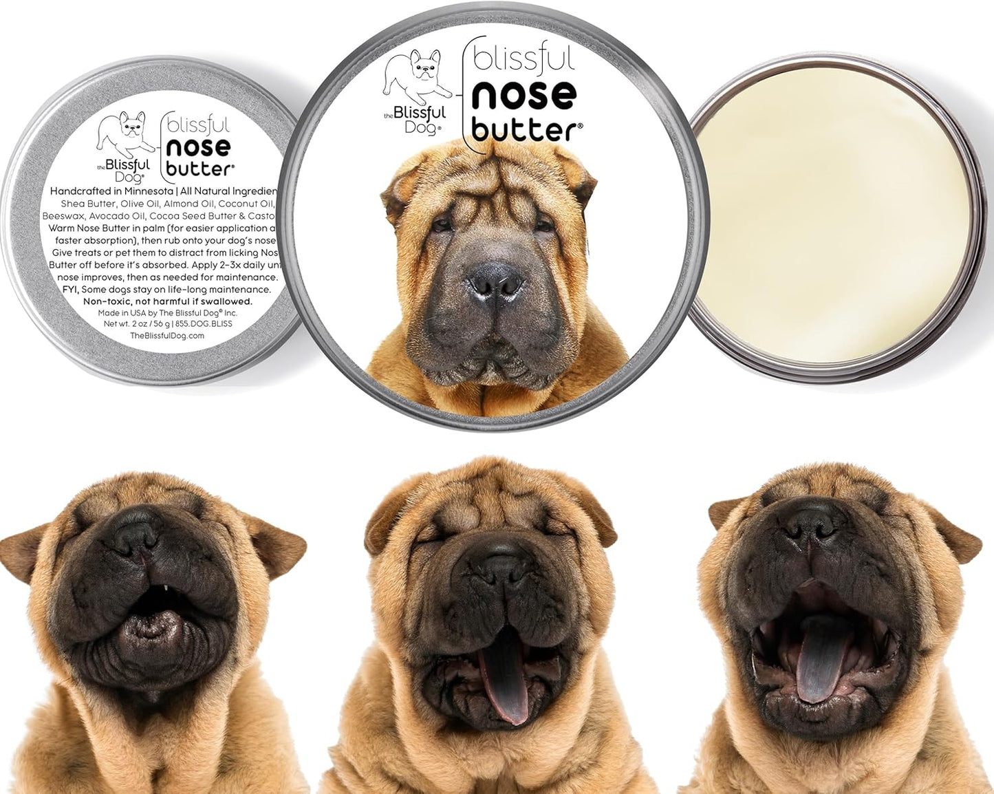 The Blissful Dog Chinese Shar-Pei Nose Butter for Dry, Cracked Skin, Lick-Safe Dog Nose Balm with Moisturizing Shea Butter, Almond, Olive, and Essential Oils, Pet Supplies, Uncented, 1 oz.