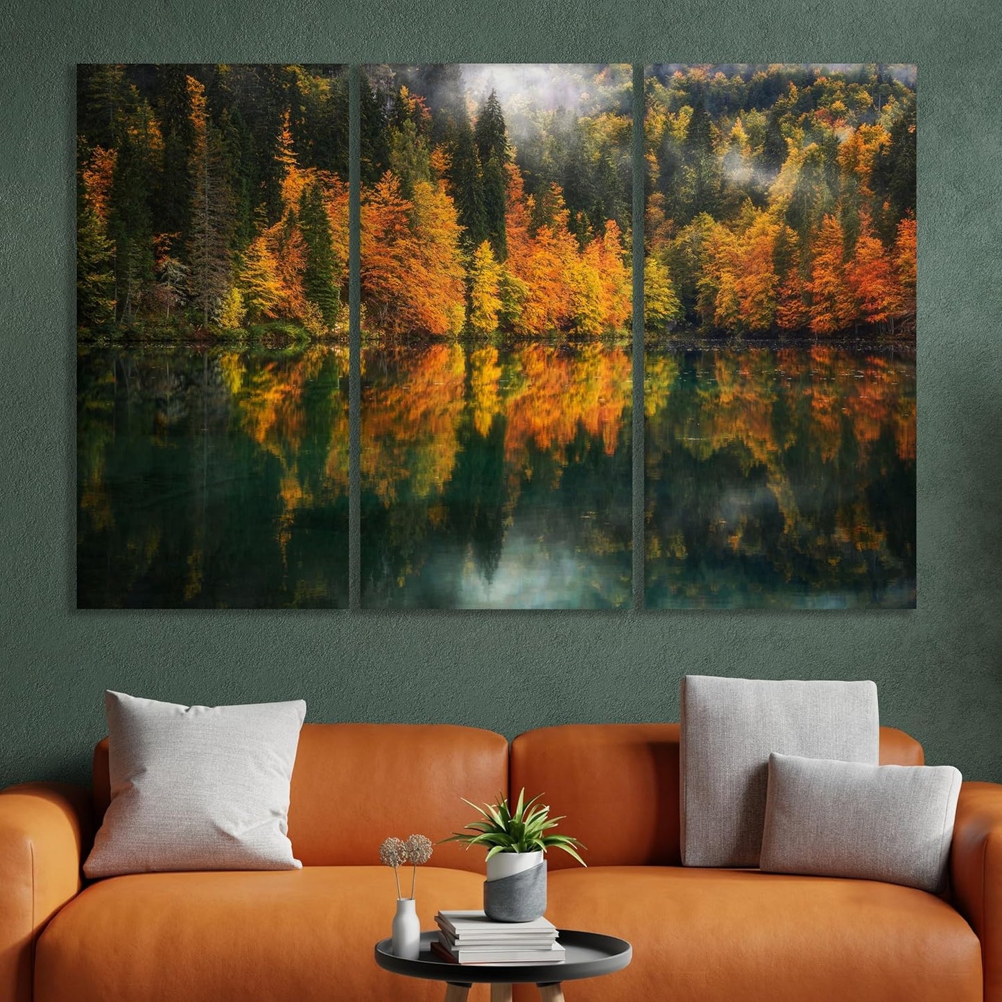Nature Wall Art Prints - Ocean Forest Mountain Lake Canvas Landscapes - Small to Extra Large Living Room Bedroom Kitchen Bathroom Décor (Autumn by the Lake, 55L" x 83W"- 3 Panels)
