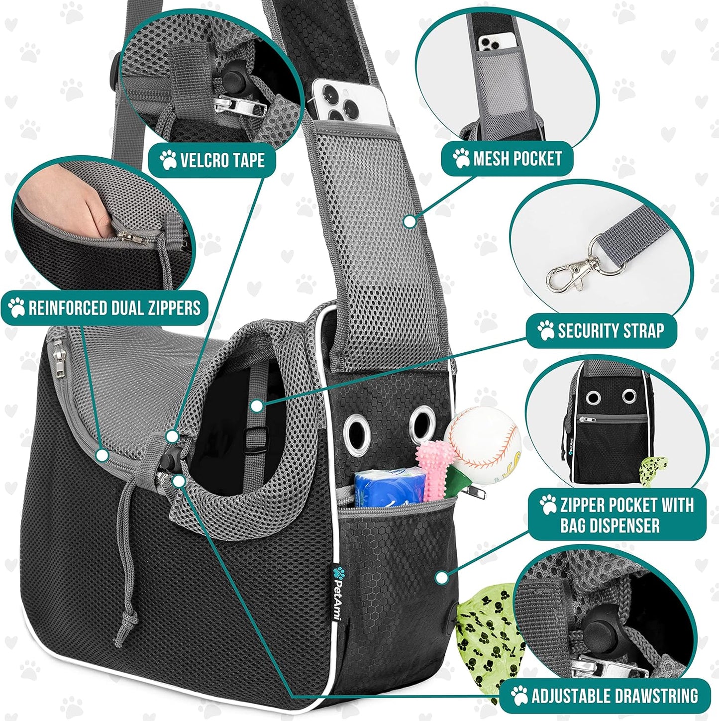 PetAmi Small Dog Sling Carrier, Soft-Sided Crossbody Puppy Carrying Purse Bag, Adjustable Sling Pet Pouch to Wear Medium Dog Cat Travel, Dog Bag for Traveling, Poop Bag Dispenser, Max 10 lbs, Black