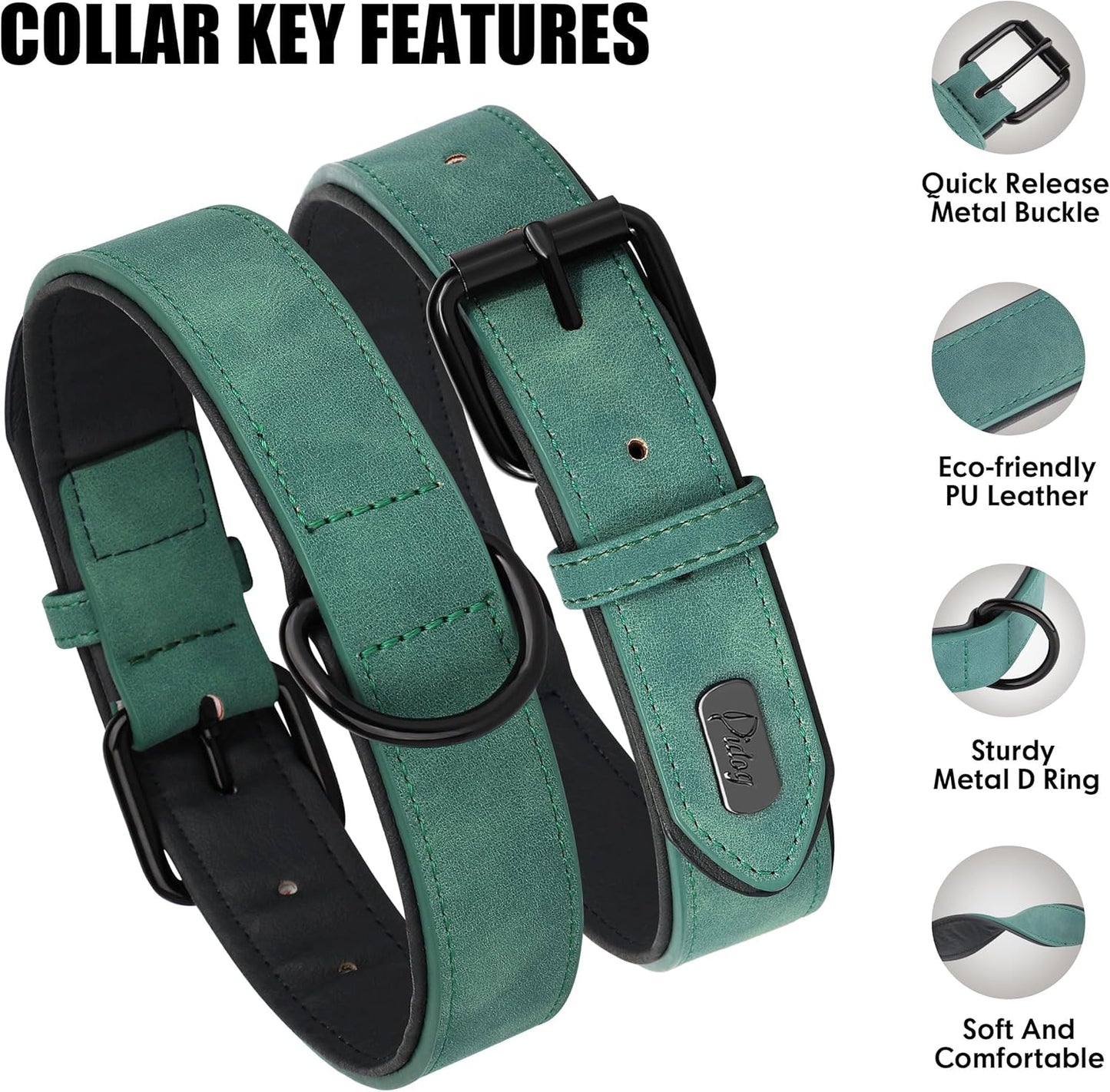 Didog Soft Padded Leather Dog Collar, Breathable Heavy Duty Dog Collar Leather with Adjustable Rust-Proof Metal Buckle for Small Medium Large Dogs, Green, M: Total length 16'', Fit 11-13''Neck