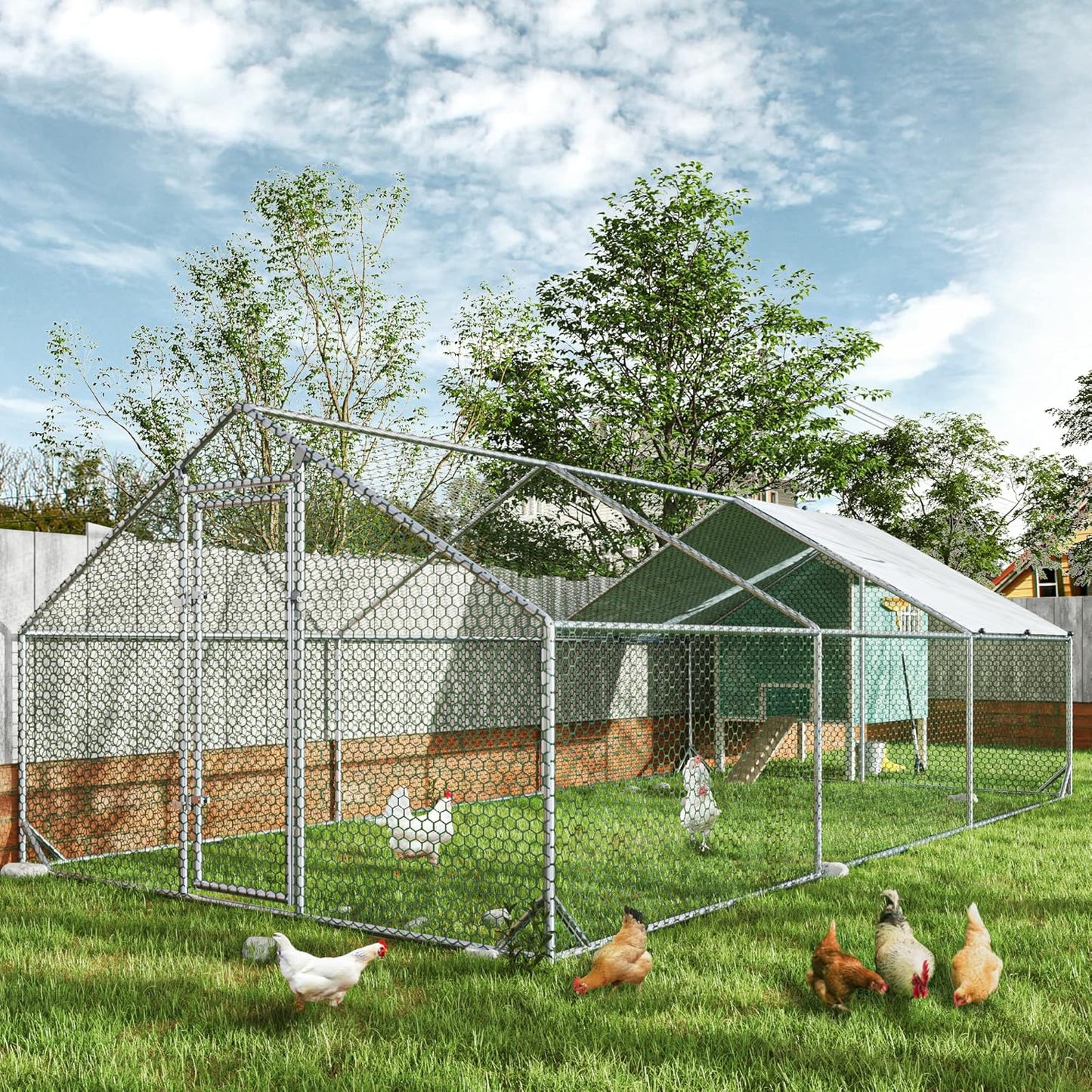Large Metal Chicken Coop with Run Walk-in Poultry Cage Chicken Runs House Pen Cage Spire Roofed Chicken Coops with Anti-Ultraviolet Cover for Outdoor Yard Farm Use 9.8’L x 19.7’W x 6.4’H