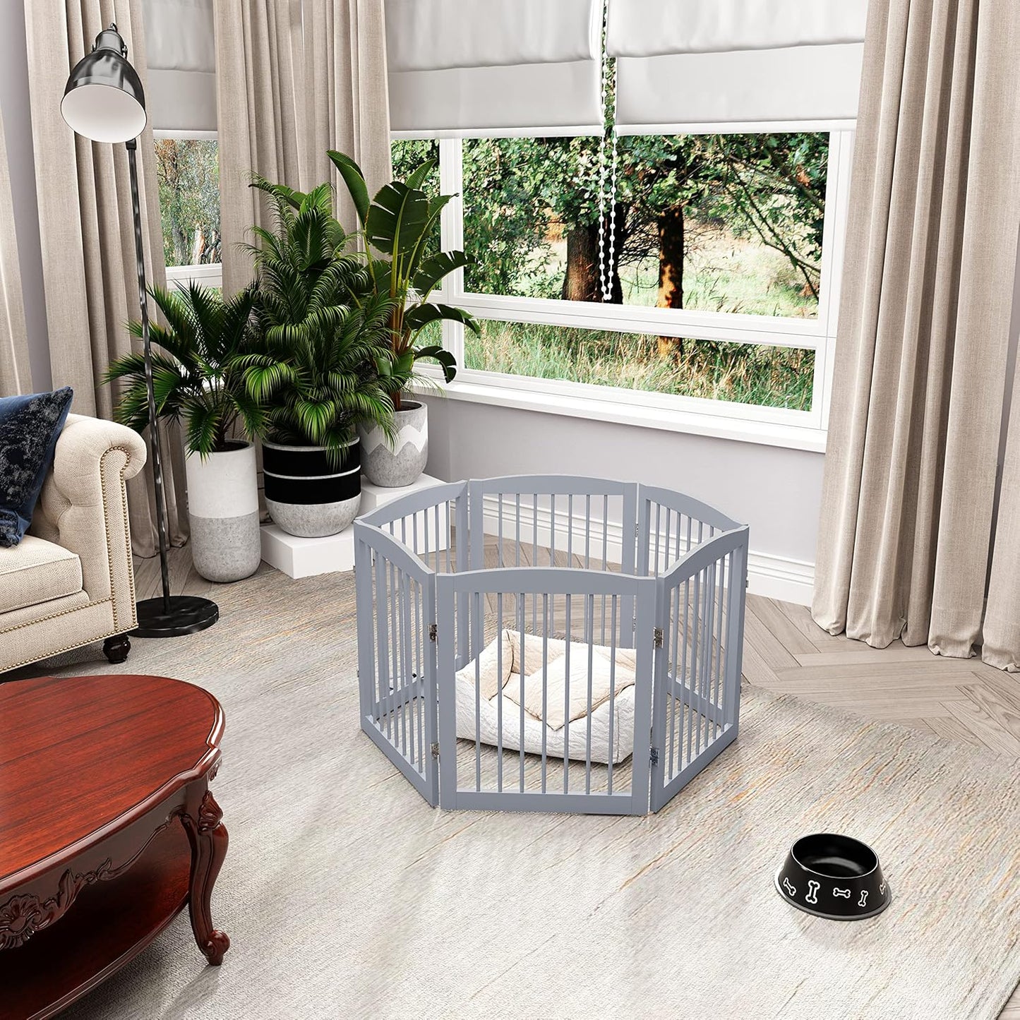 Freestanding Pet Gate for Dogs, Foldable Wooden Dog Gate for House, Extra Wide Indoor Pet Barrier for Stair, Doorway, Hall, Support Feet Included, 120 Inch Wide, 6 Panels 24", Grey